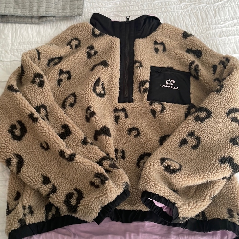 Cheetah print quarter-zip Sherpa fleece ivory ella
